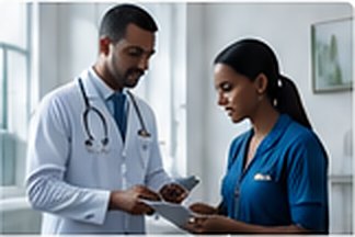 Doctor and nurse reviewing a tablet in a clinic