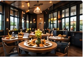 Upscale restaurant dining room with set tables
